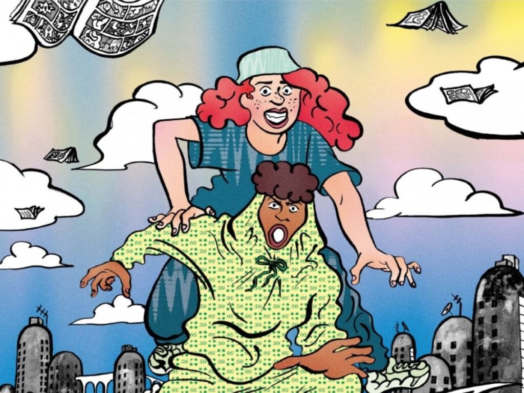 A colorful illustration from a comic strip featuring two exaggerated characters flying through a sky filled with clouds, scattered comic book pages, and a skyline of buildings below. The character in the foreground appears surprised and is being carried by the second character, who is wearing a blue cap and has red curly hair, hinting at a dynamic and humorous storyline.