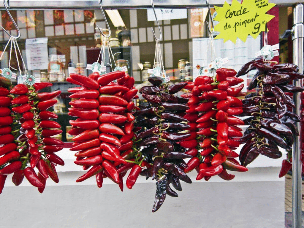 Red chillies hanging in a row in the street