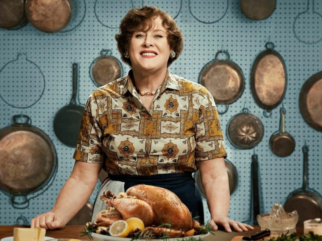 Sarah Lancashire acting the part of Julia Child in a TV programme