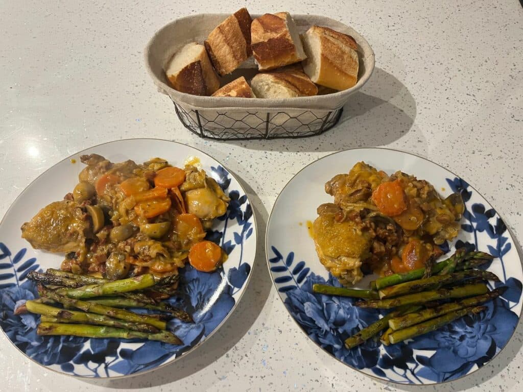 Dinner for two with chicken and fresh baguette