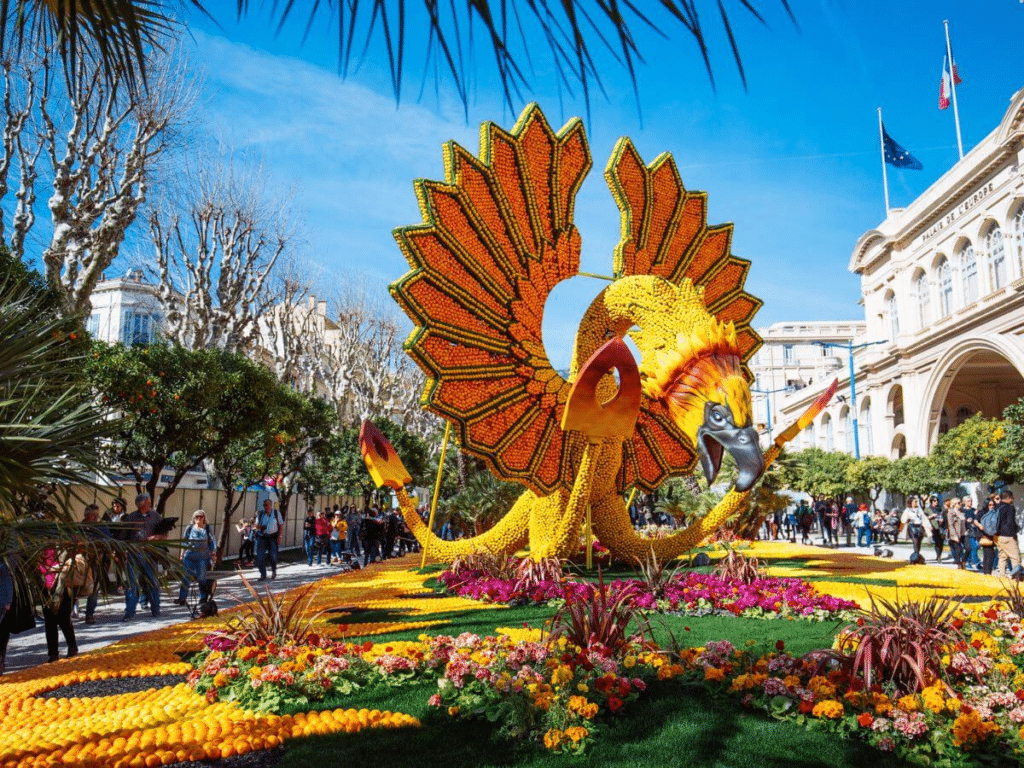 A dragon carnival float made out of lemons and oranges in france