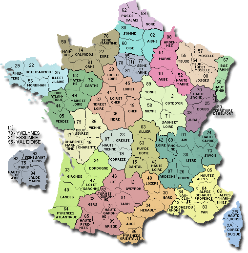 A coloured map of France split into the French departments