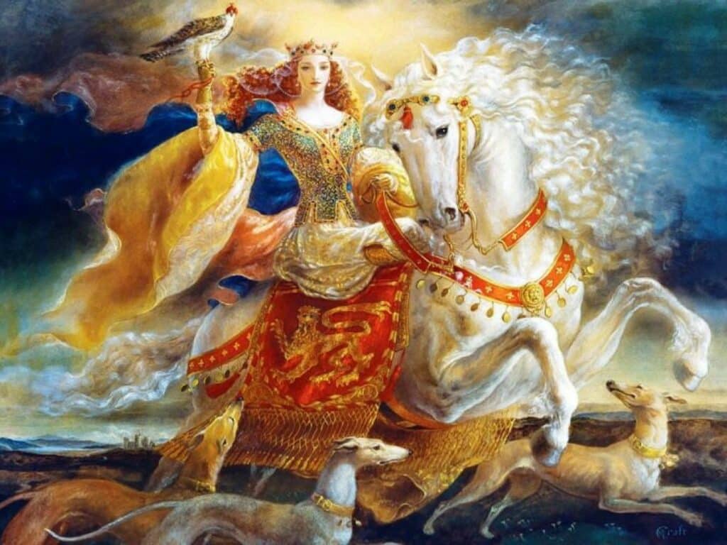 A drawing with a woman on horseback holding a sword said to be Eleanor of Aquitaine