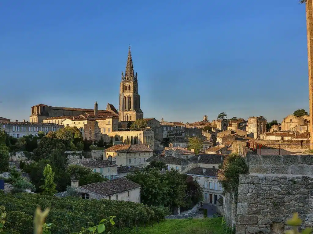 The villate of Saint-Emilion in Bordeaux with a church in the background
