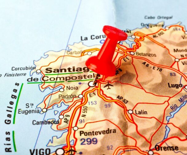 A map showing Santiago de Compostela in Spain