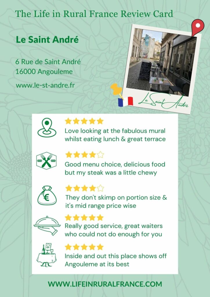 A restaurant review card for Saint Andre restaurant in Angouleme