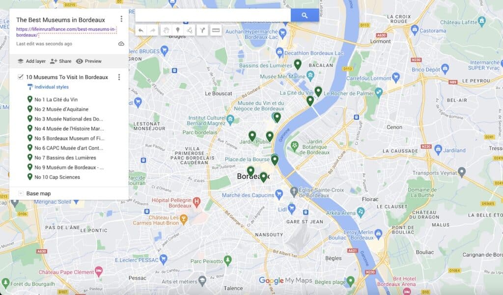 Map of Bordeaux with marked locations for top 10 museums including La Cité du Vin.