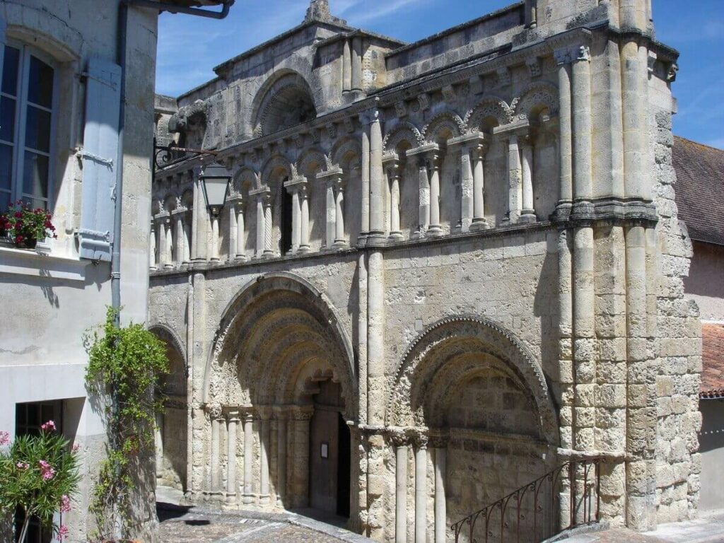 The facade of an old church in Aubeterre-sur-Dronne