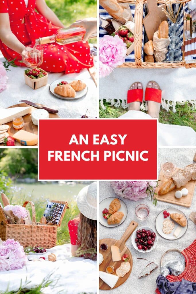 A vibrant collage showcasing an effortless French picnic, featuring fresh croissants, strawberries, cheese, crackers, and glasses of rosé. The top images highlight a woman in a red polka-dot dress pouring wine and a stylish picnic basket packed with essentials, while the lower section displays a riverside picnic setup with a sunhat and a cozy blanket.