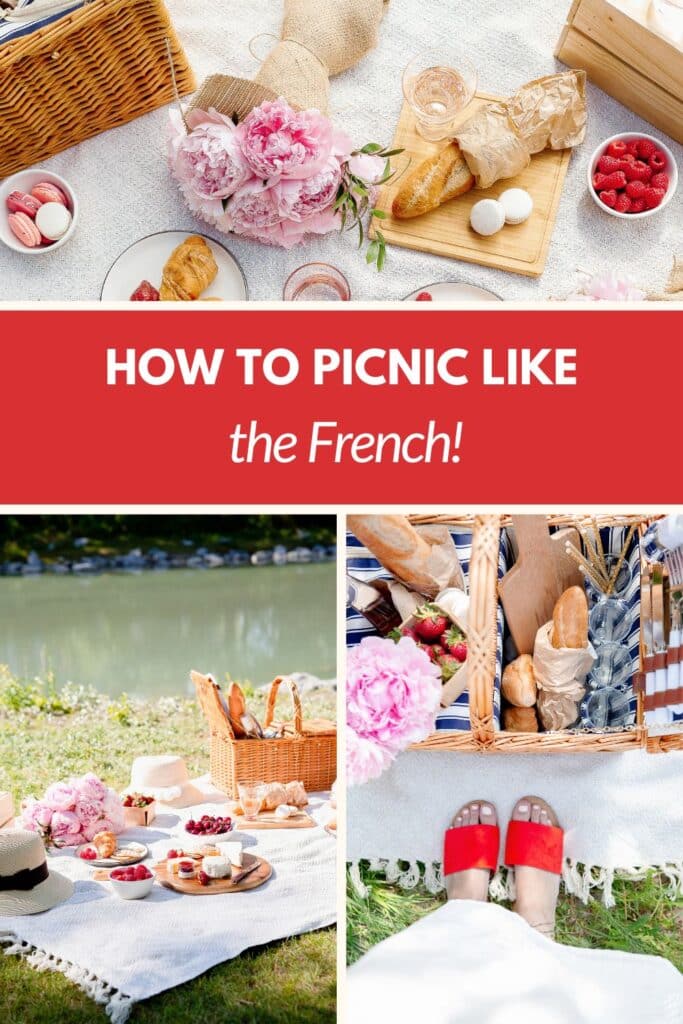 A charming French picnic spread with a wicker basket, fresh baguettes, croissants, macarons, and bowls of cherries and raspberries. The lower section showcases a scenic riverside picnic with elegant straw hats, pink peonies, and wine glasses.