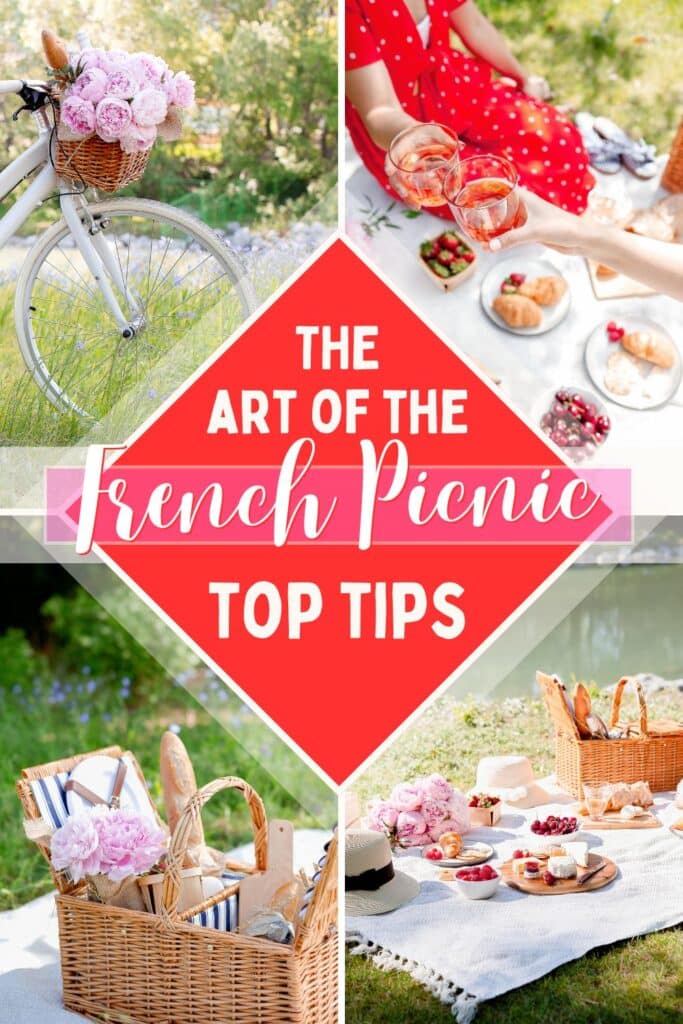 A collage of French picnic essentials, including a vintage bicycle with a flower-filled basket, a cheerful toast with rosé wine, and a picnic blanket set with bread, cheese, fruits, and wine, exuding a romantic countryside feel.