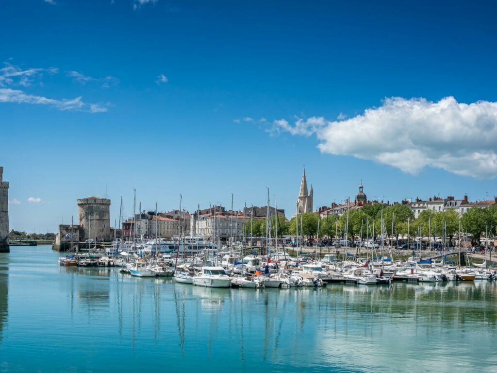A view across the water of the town of La Rochelle in France