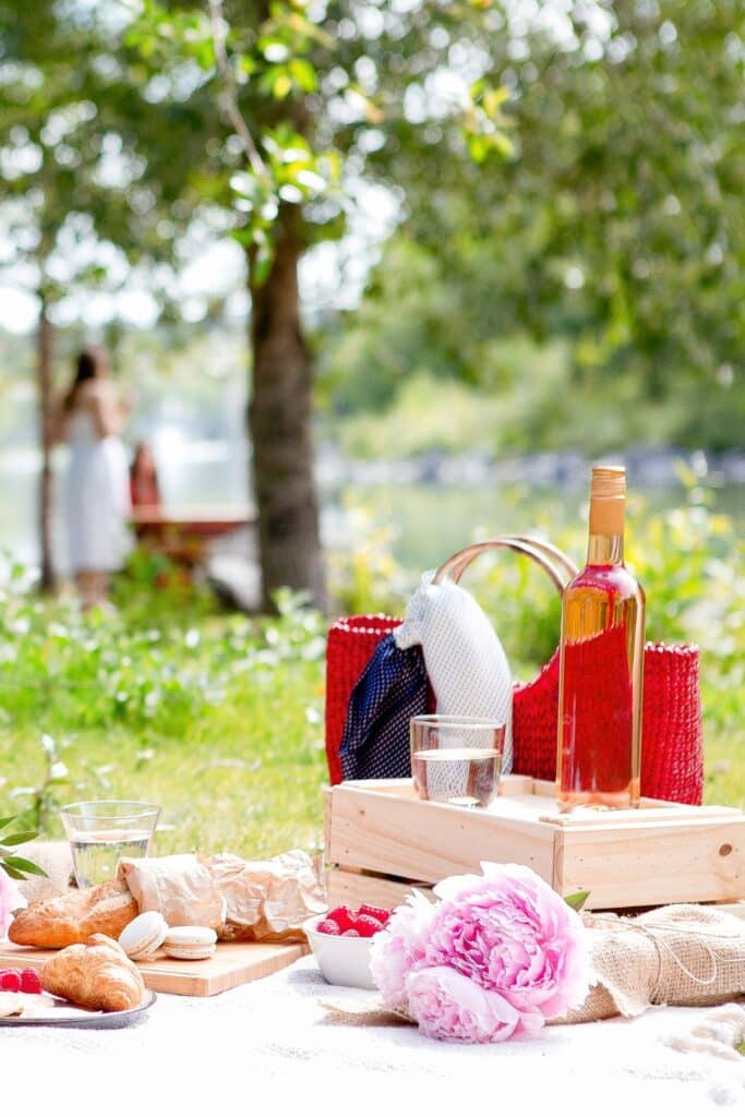 A lively French picnic with two people clinking glasses of rosé wine over a spread of croissants, cheese, cherries, and strawberries. The joyful atmosphere captures the essence of a French-style outdoor gathering.