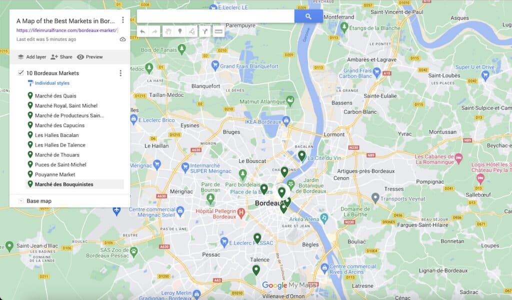 A customized Google map highlights several markets in Bordeaux with marker icons and a left-side list.