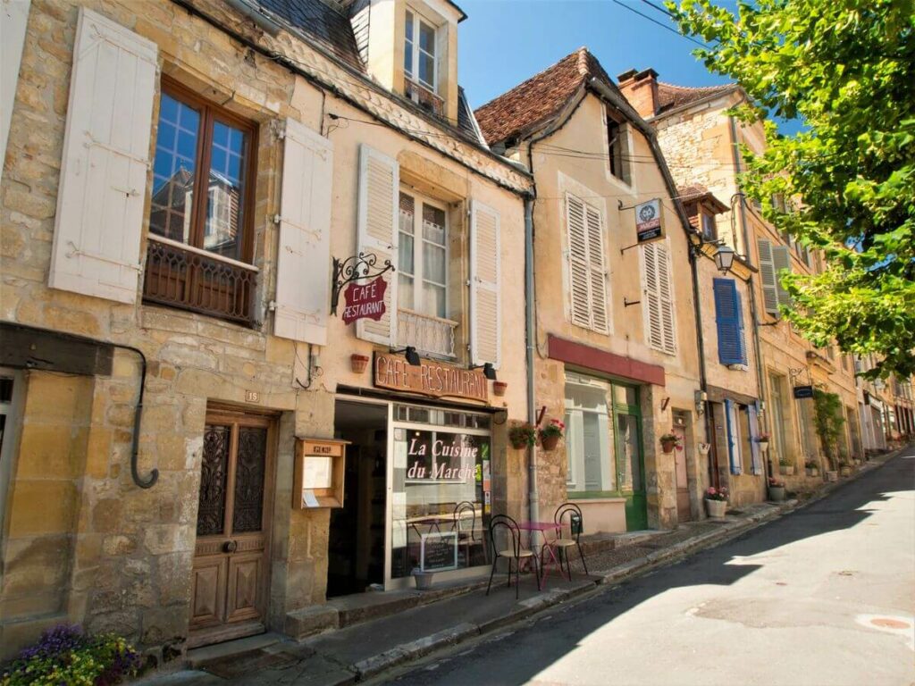 An old street in a medieval town in the Dordogne in France