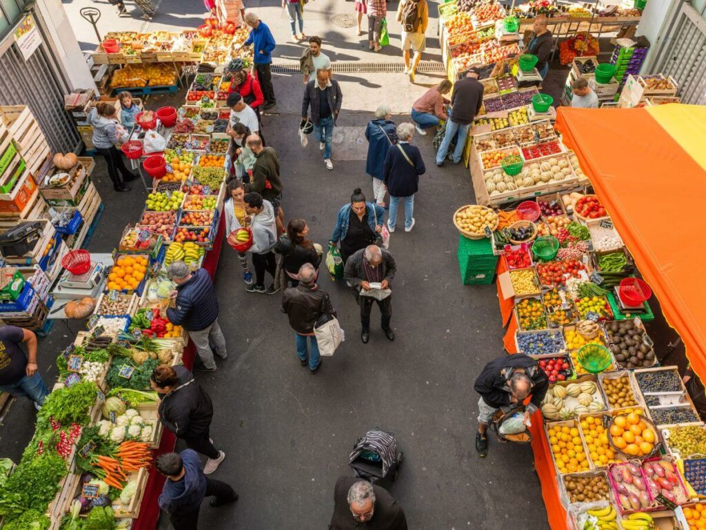 An aerial view of a fruit and vegetable market