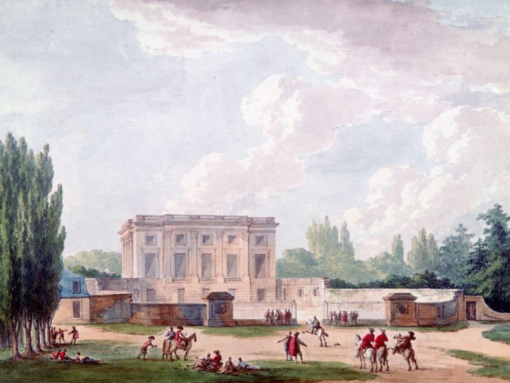 An old colour painting of Le Petit Trianon in Versailles depicting soliders in red uniforms with the palace in the distance