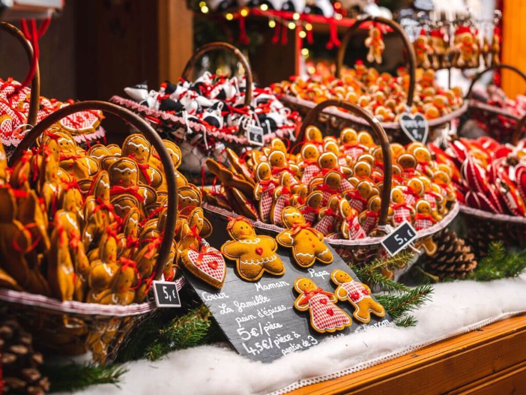 Baskets filled with gingerbread at a Christmas Market in Strasbourg
