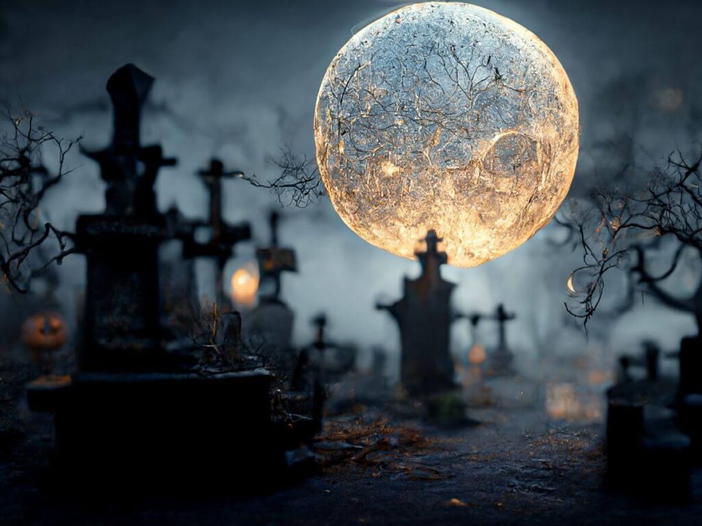 A spooky graveyard at night with a big see through ball balanced on a grave for Halloween