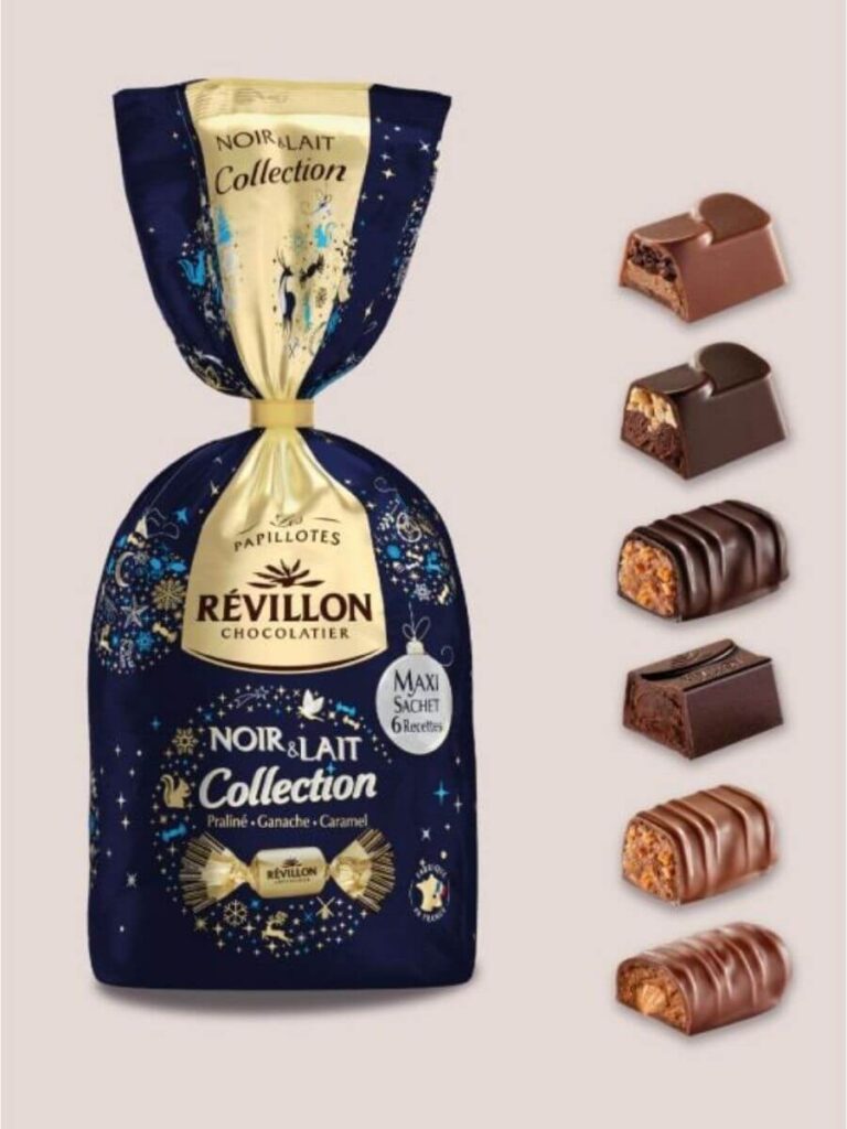 A packet of chocolates for Christmas with an exanple of each of the six types of chocolates iside
