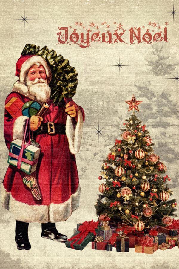 Father Christmas in his red coat and hat with white fur trim carring a sack of presents with a christmas tree next to him