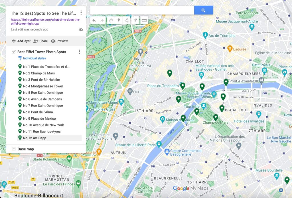 Google Maps interface displaying the best photo spots for capturing the Eiffel Tower in Paris. It shows a list on the left with specific locations, such as "Place du Trocadéro" and "Champ de Mars," each marked with a green pin on the map. The map itself highlights central Paris, with the Eiffel Tower area prominently featured and several surrounding landmarks and streets visible.