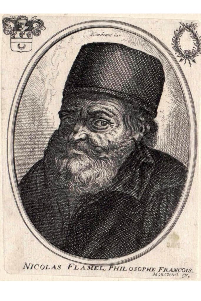 Engraving of Nicolas Flamel, depicted with a textured cap and a contemplative gaze, his beard and wrinkles etched in detail, showcasing the artistic style of the period. Below the portrait, the text 'Nicolas Flamel Philosophe François' affirms his identity and French heritage