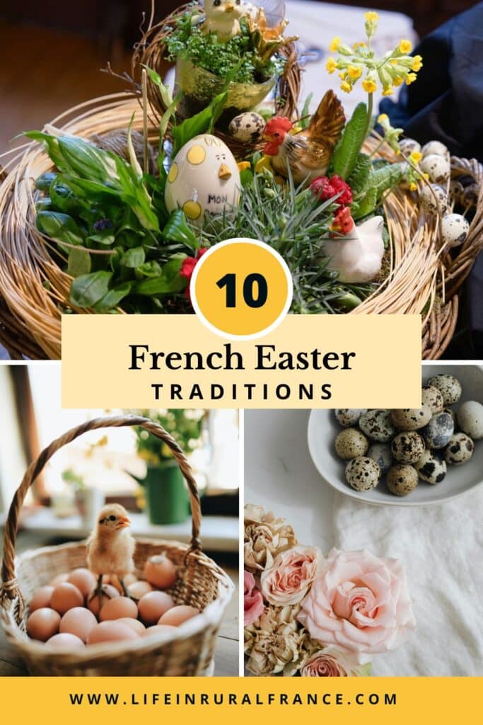 A festive Easter basket filled with colorful eggs, ceramic chickens, greenery, and spring flowers, representing traditional French Easter decorations.