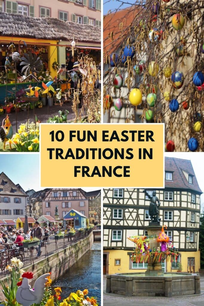 Collage showcasing French Easter traditions, including vibrant markets, trees decorated with colorful hanging eggs, and charming Alsatian town squares.