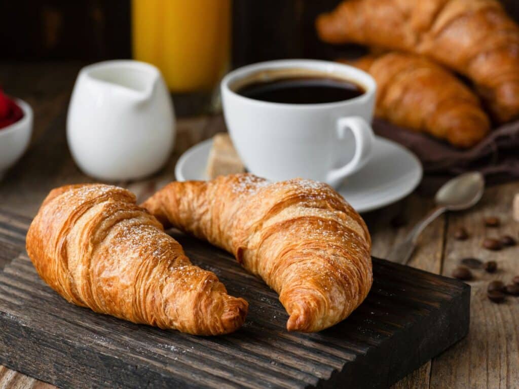 A cozy breakfast setting featuring flaky croissants on a dark wooden cutting board, accompanied by a cup of black coffee, a white creamer, and a glass of orange juice in the background.