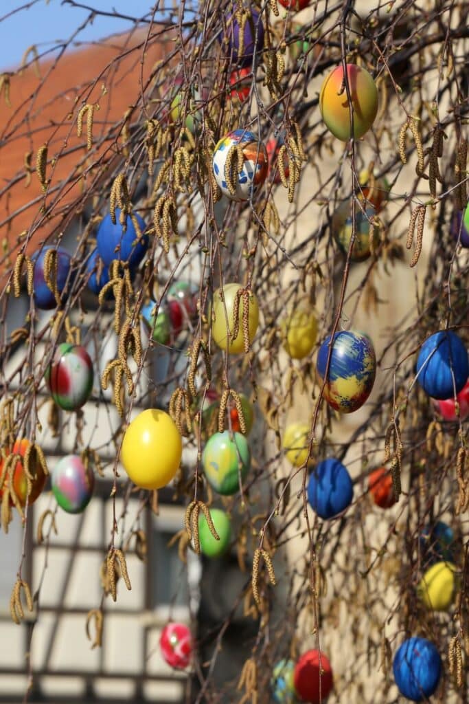 Close-up of a tree decorated with colorful, hand-painted Easter eggs hanging from bare branches, a common French Easter custom.