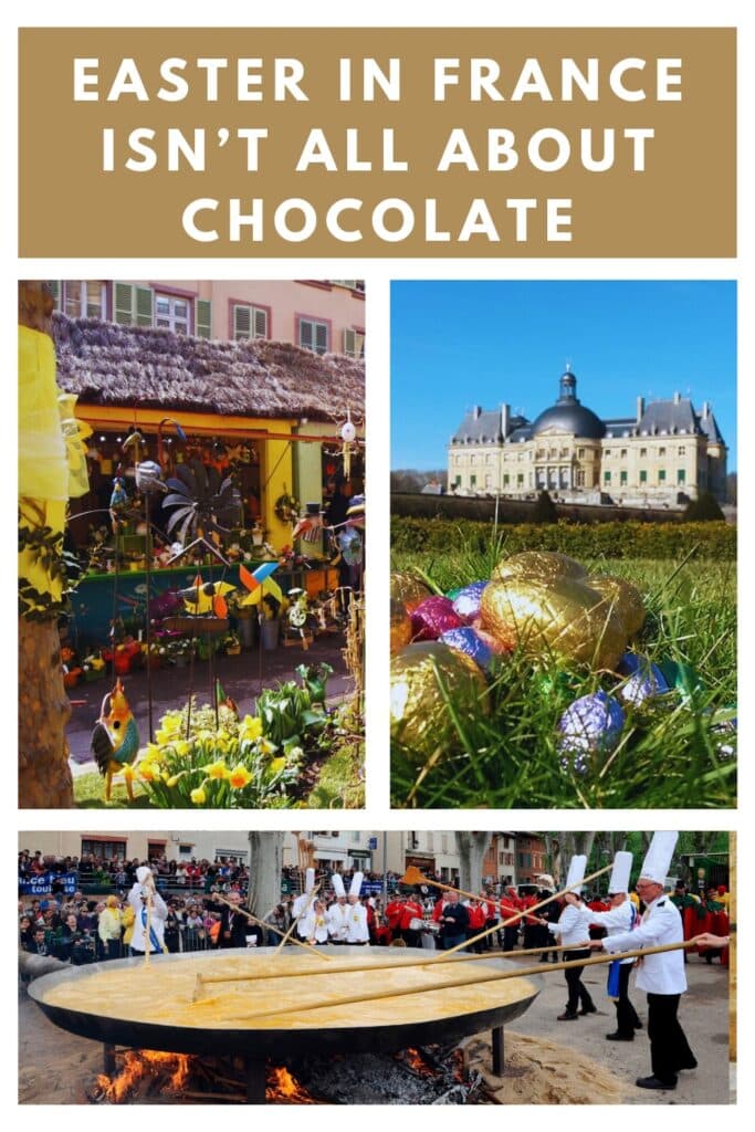 Collage of French Easter traditions, featuring vibrant market decorations, a historic château with Easter egg hunts, and chefs preparing a giant Easter omelet.