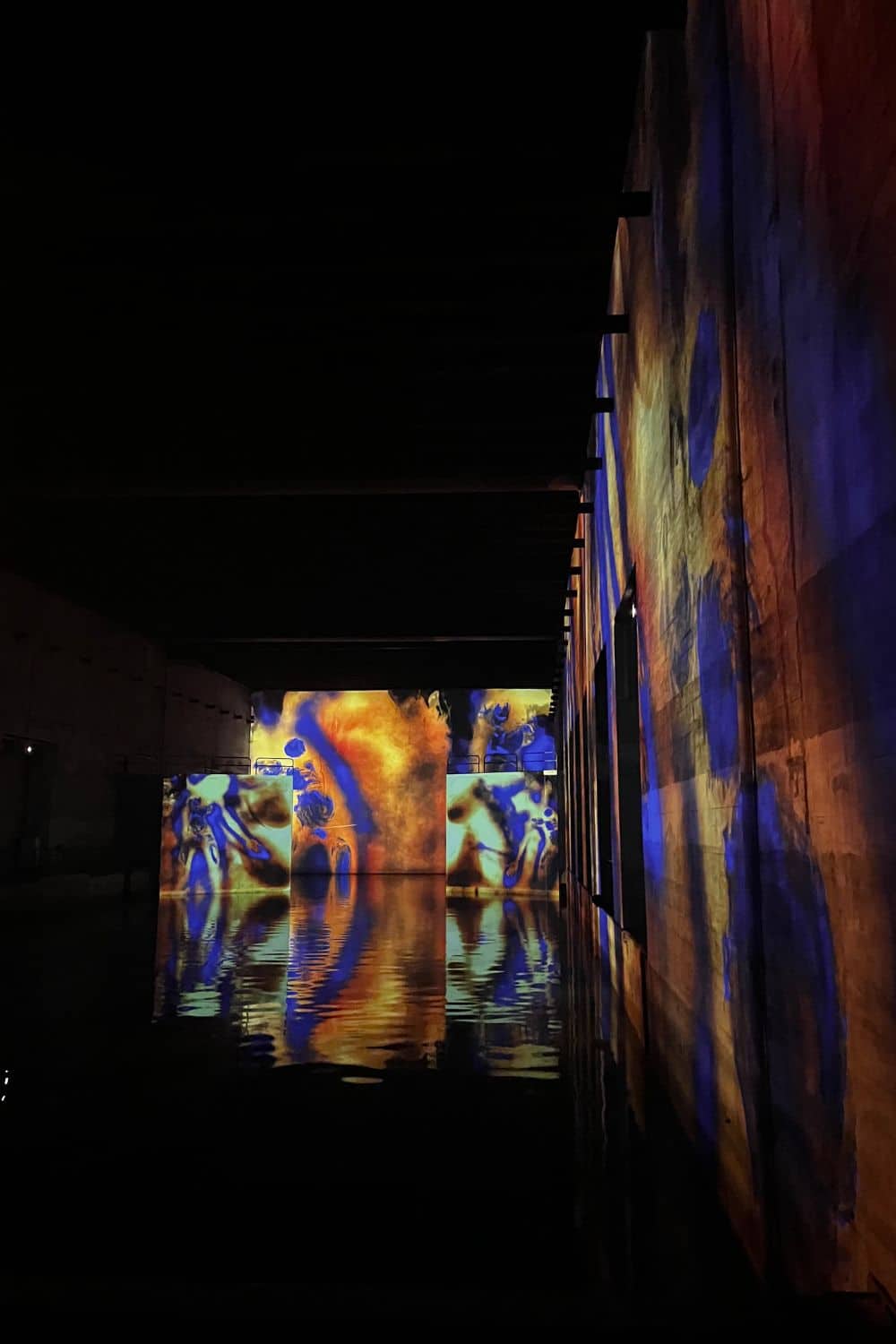 Inside "Les Bassins des Lumières" in Bordeaux, a vibrant art installation comes to life with projections of classical paintings on the walls and their reflections on the water surface, creating a mesmerizing, immersive visual experience in the grandiose former submarine base. The interplay of light and shadow adds depth and intrigue to this modern cultural attraction.