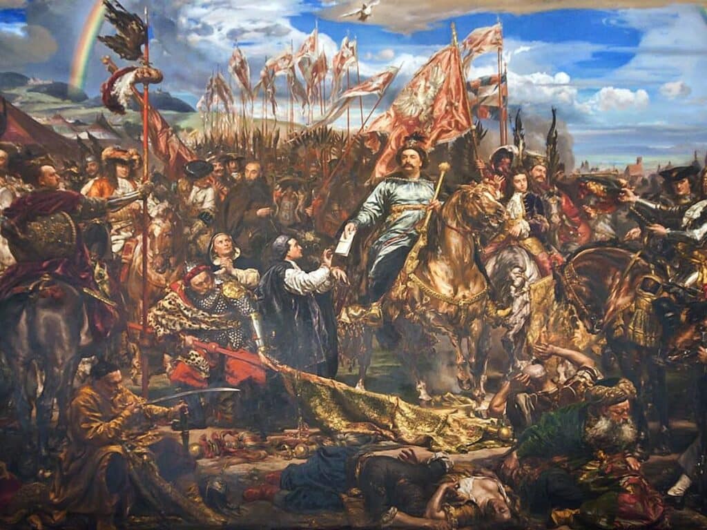 A dramatic historical painting depicting a victorious army with soldiers on horseback, flags fluttering, and a rainbow in the backdrop, alluding to a legendary scene.