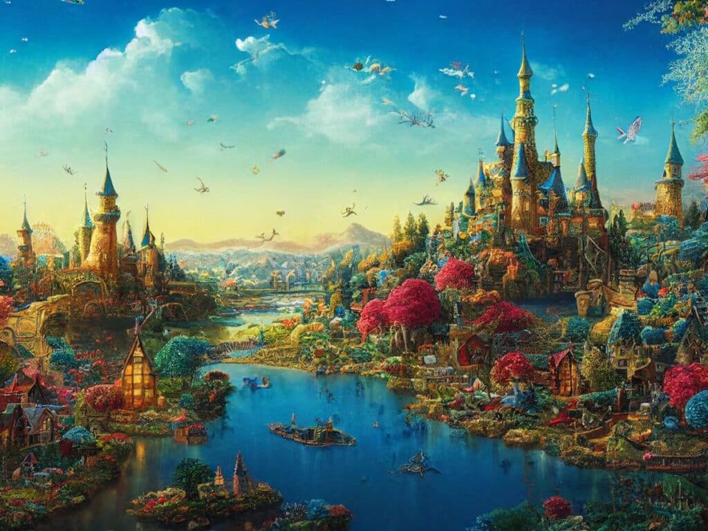 Illustration of a vibrant fantasy landscape, showcasing a bustling, whimsical village with colorful flora, enchanting castles, and serene waterways. Birds and floating airships dot the sky above this storybook setting.