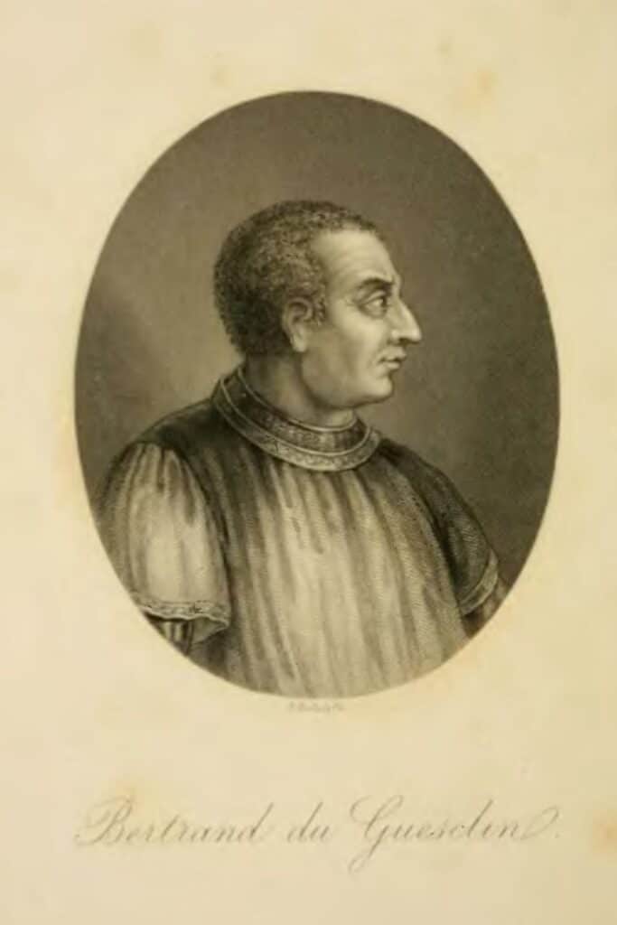 Etching of Bertrand du Guesclin, a French knight and military commander, depicted in profile with a serious expression, wearing armor and a cloak, showcasing medieval historical art.