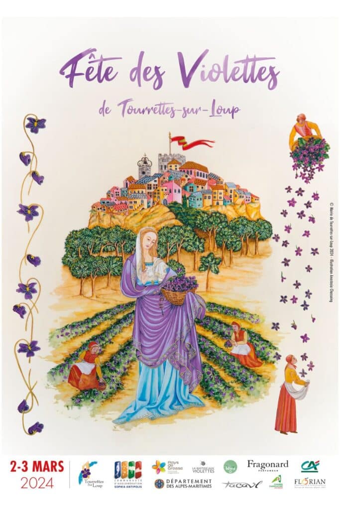 Colorful poster of Fête des Violettes with illustrations of flowers and village life.