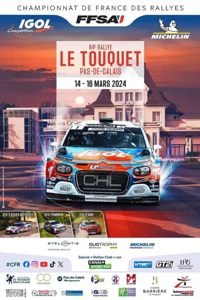 Vivid rally car poster for the 64th Rallye Le Touquet with event details.