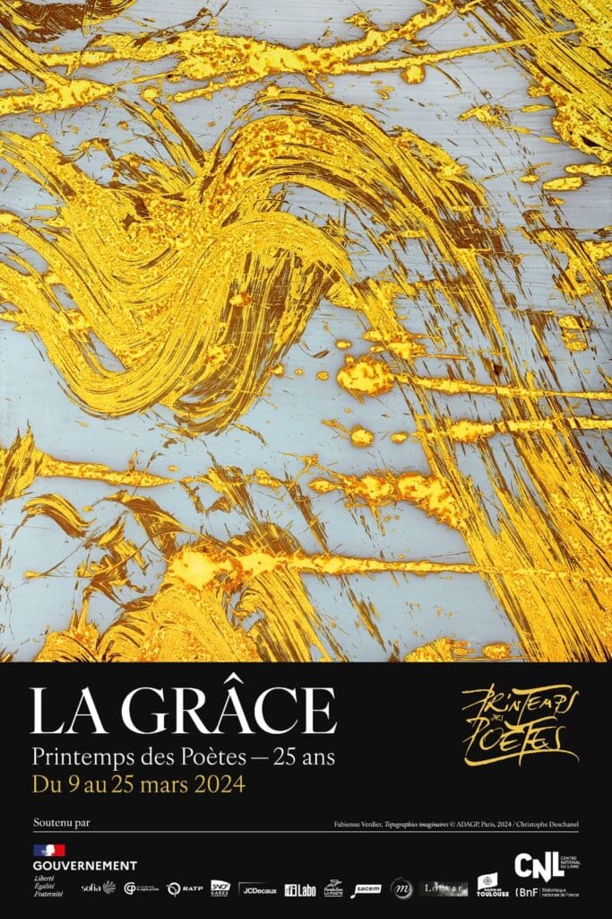 Abstract golden swirls on a poster for 'La Grâce' poetry event.