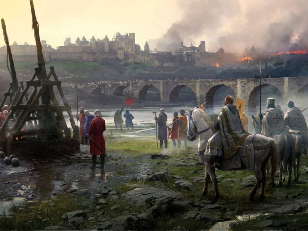 A vivid historical artwork depicting the First Cathar Crusade, with armored knights and soldiers before Carcassonne Castle, trebuchets ready for siege, and a city under assault in the background