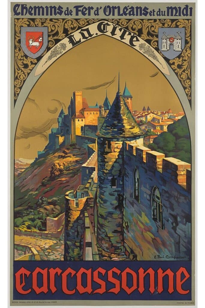An evocative vintage travel poster of Carcassonne Castle, with bold Art Nouveau lettering, symbolizing the region's historical significance during the Hundred Years' War