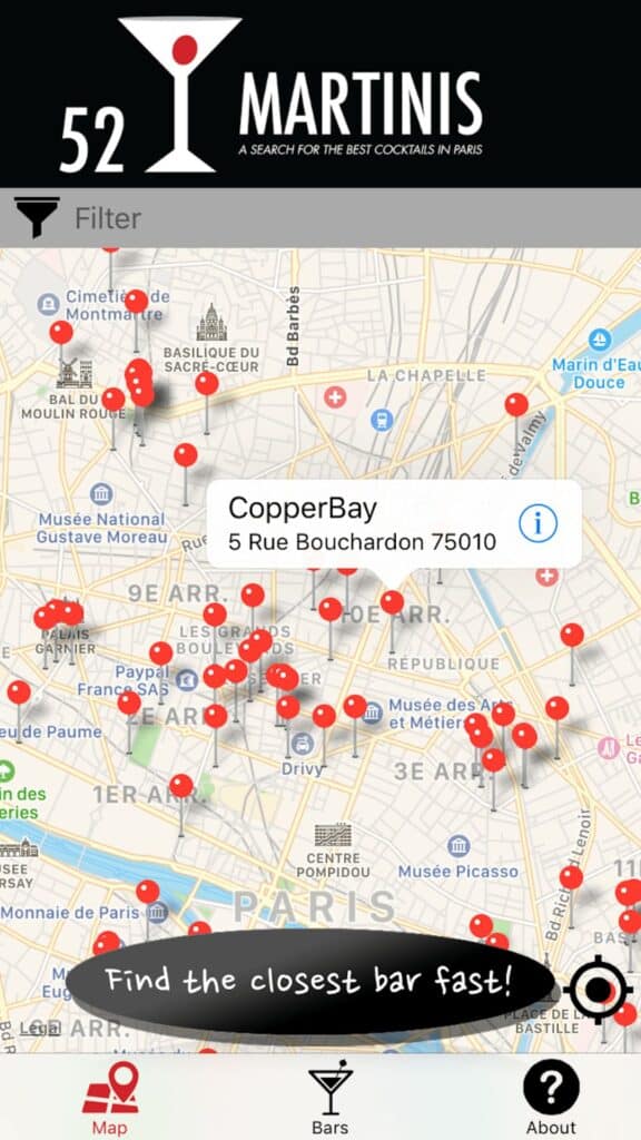 App screen showing a map of Paris dotted with martini icons for bar locations.