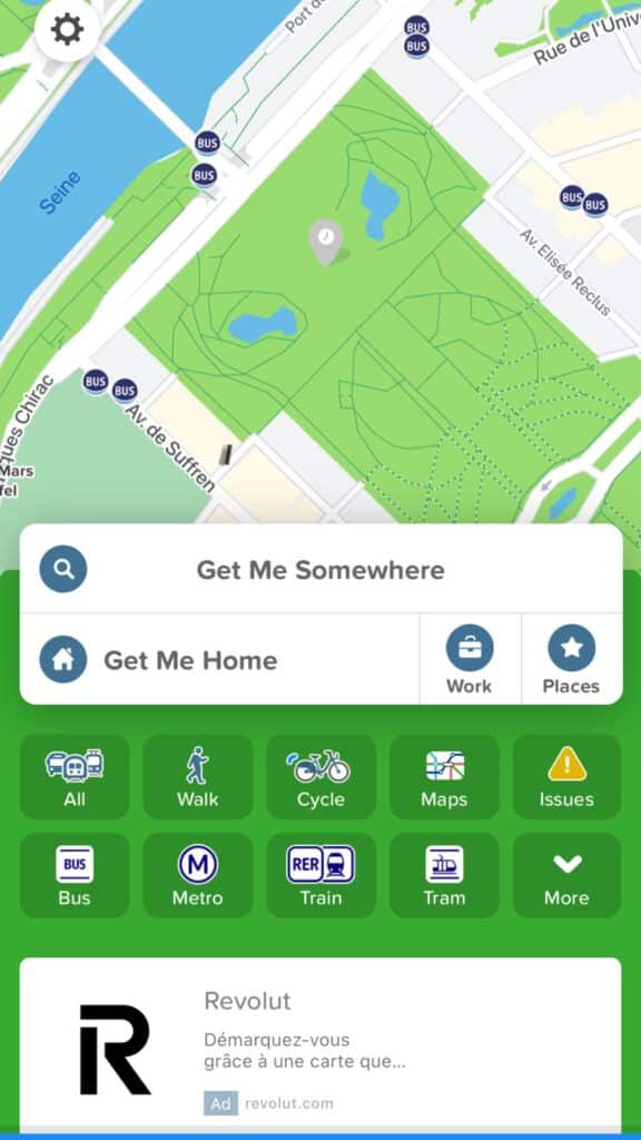 Mobile map app with transportation options and a park.
