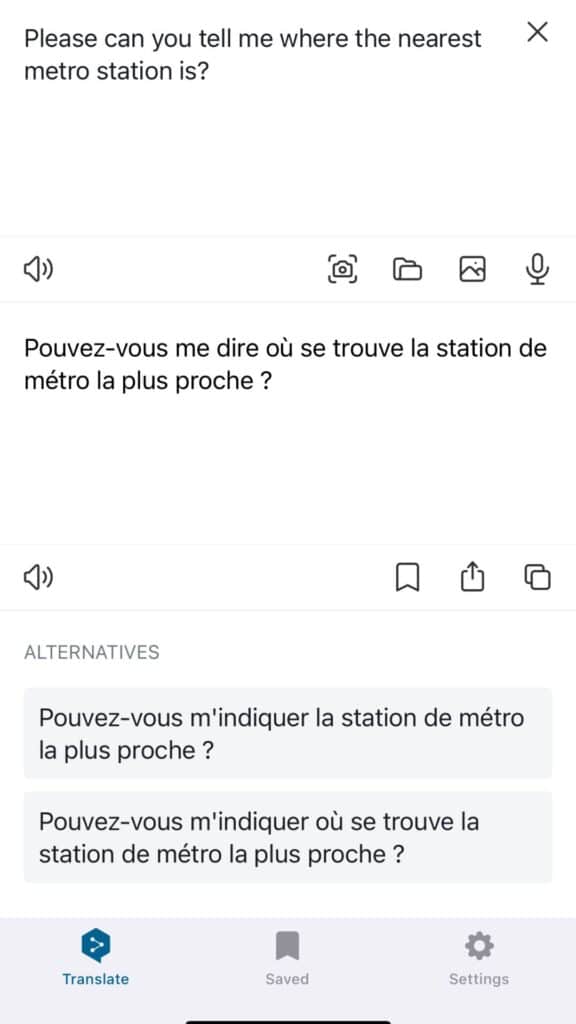 Screenshot of a language translation app displaying English to French translation for finding a metro station.