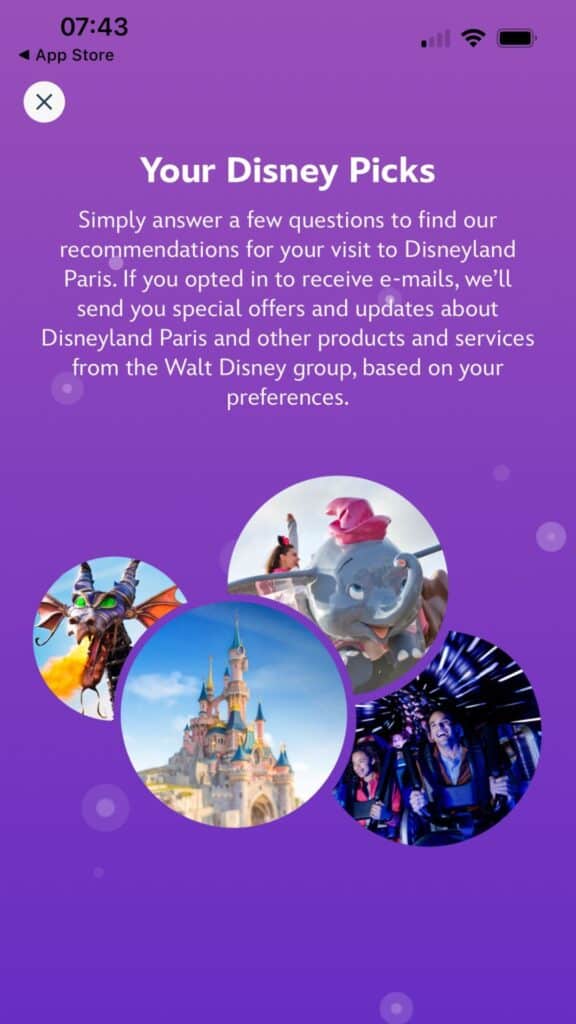 Promotional Disney app screen with text and images of characters, a castle, and a ride.
