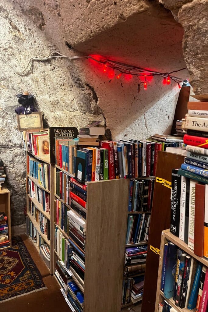 Bookshelves against ancient stone walls with red fairy lights.