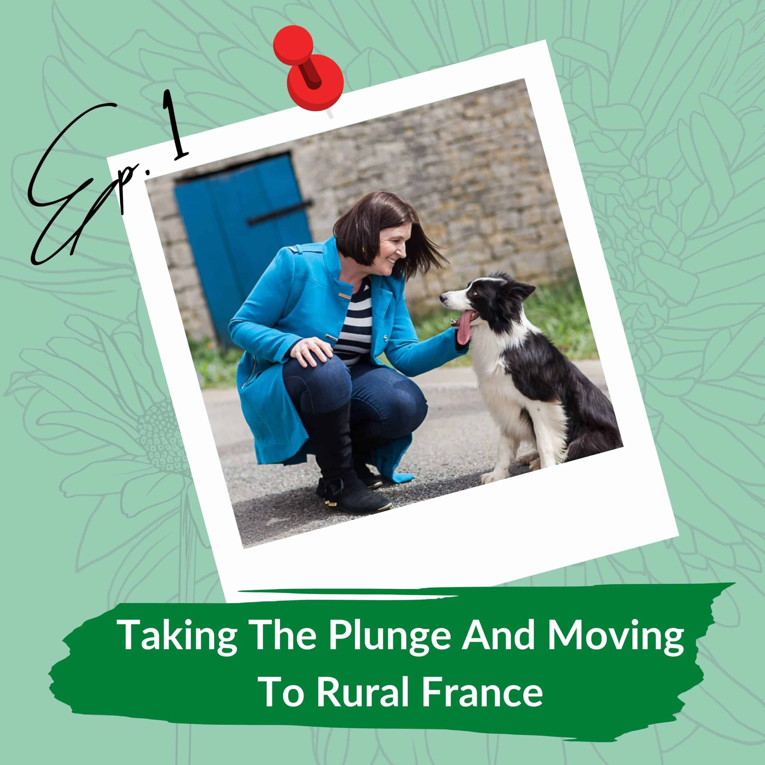 A smiling woman in a blue coat crouches to pet a black and white dog on a street. A promotion for the French Travel Podcast.