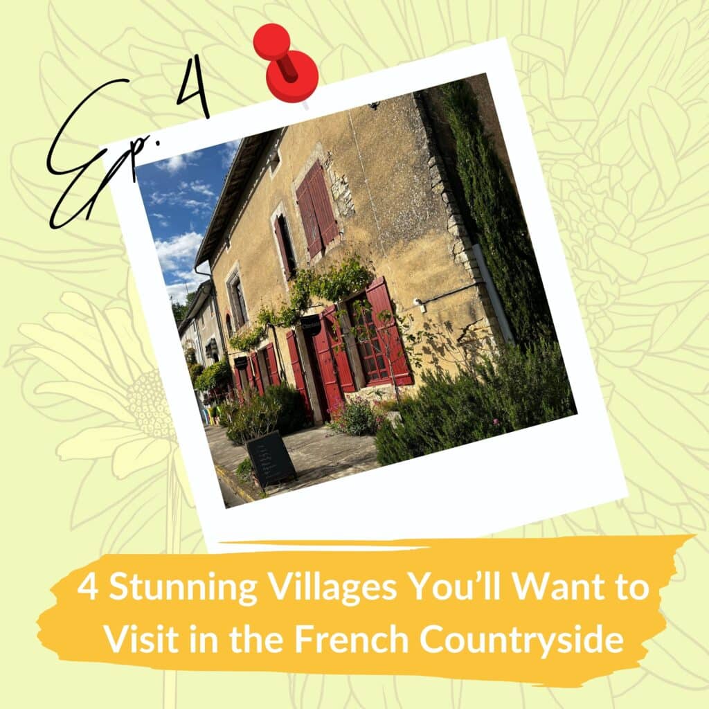 Sunlit French village home with red shutters, ivy, and flowers against a sketched floral backdrop.
