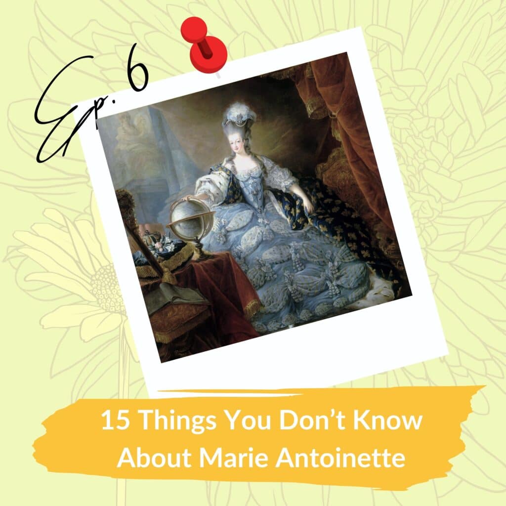 Classical portrait of Marie Antoinette in elaborate dress, signature pinned on top left.