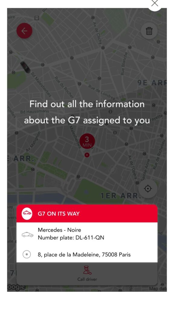 Ride-hailing app interface with a car icon, details of a Mercedes, and a Paris address.